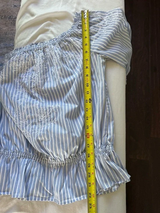 White House Black Market Off Shoulder Embroidered Blouse Blue Stripe Cotton L - Picture 13 of 14